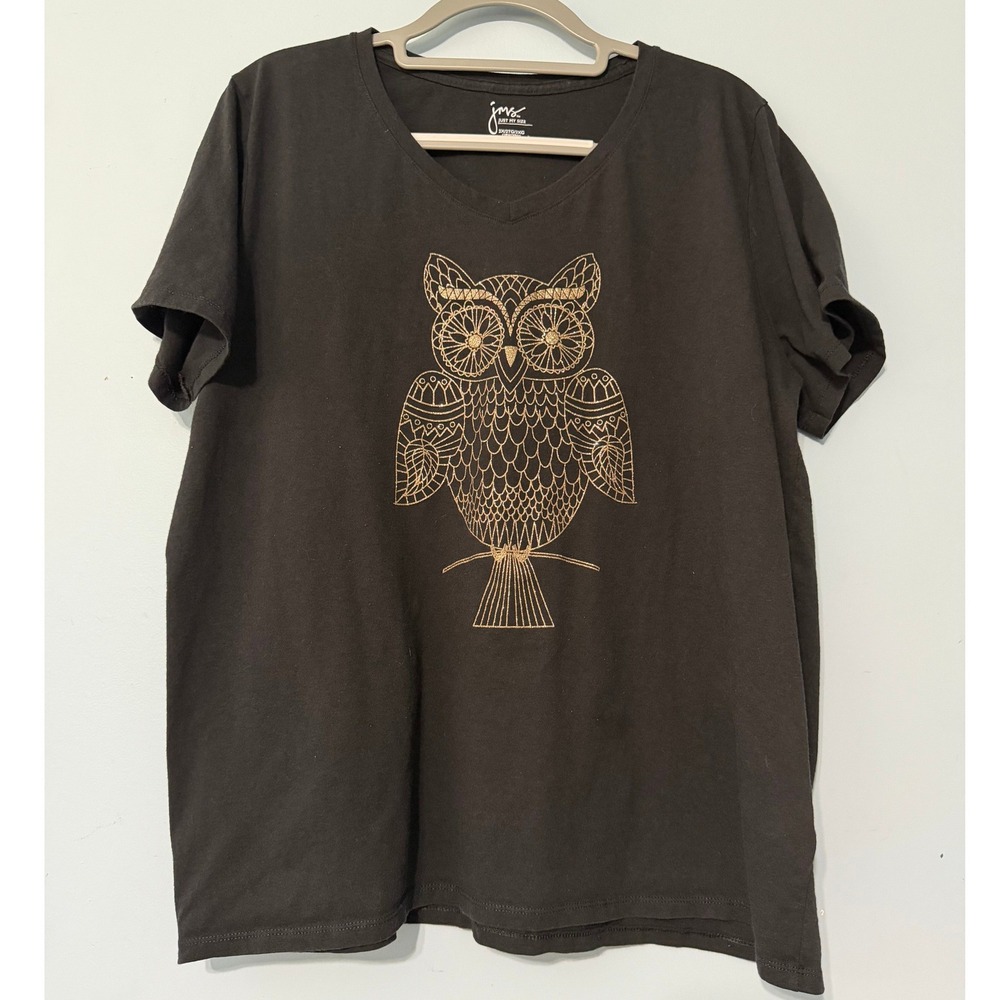 Just My Size Women's 2X Black Gold Glitter Owl Graphic V-Neck T-Shirt 2152